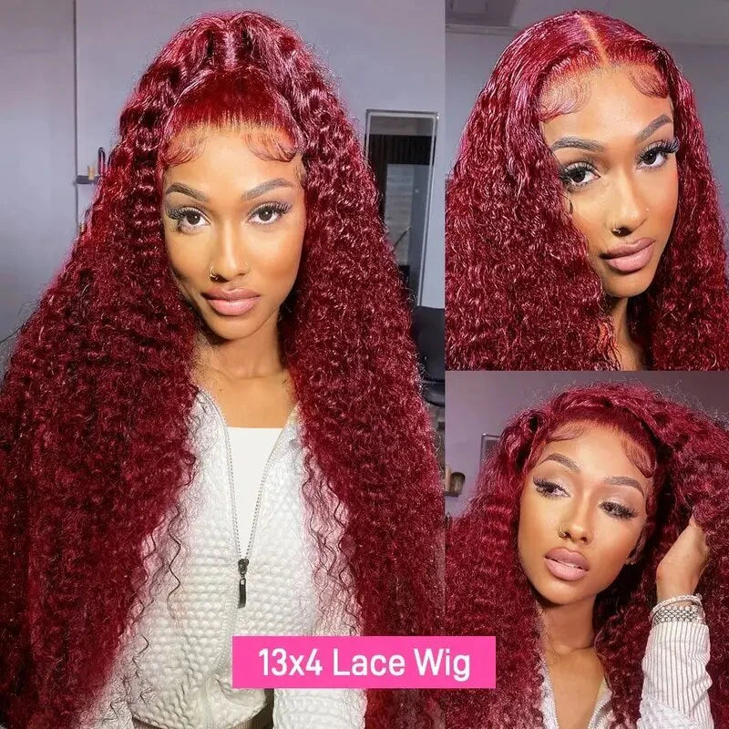 Pre Plucked 99J Burgundy 4x4 Deep Wave Lace Closure Human Hair Wigs Natural Hairline