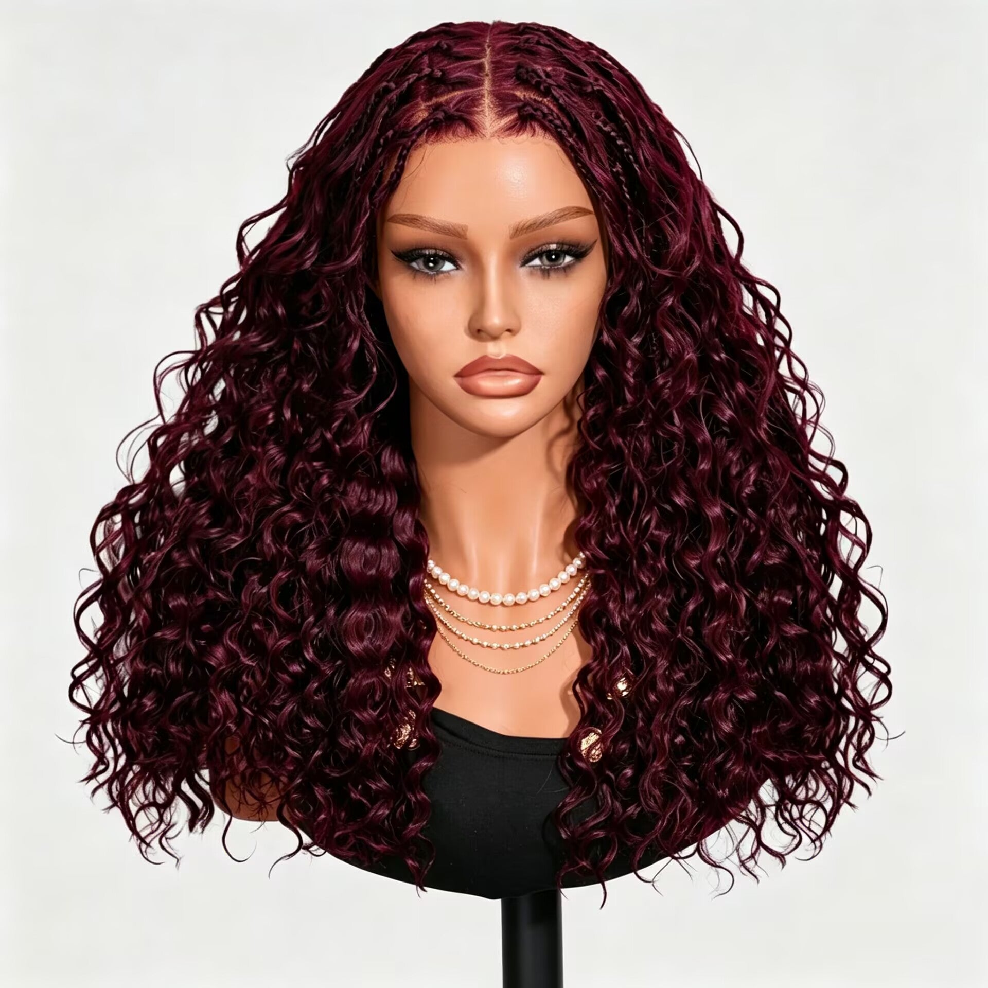 Zlike Black Cherry Boho Braided Water Wave Pre-Cut Lace with Drawstring Wig , 13x6 Lace Front Glueless Human Hair Wig