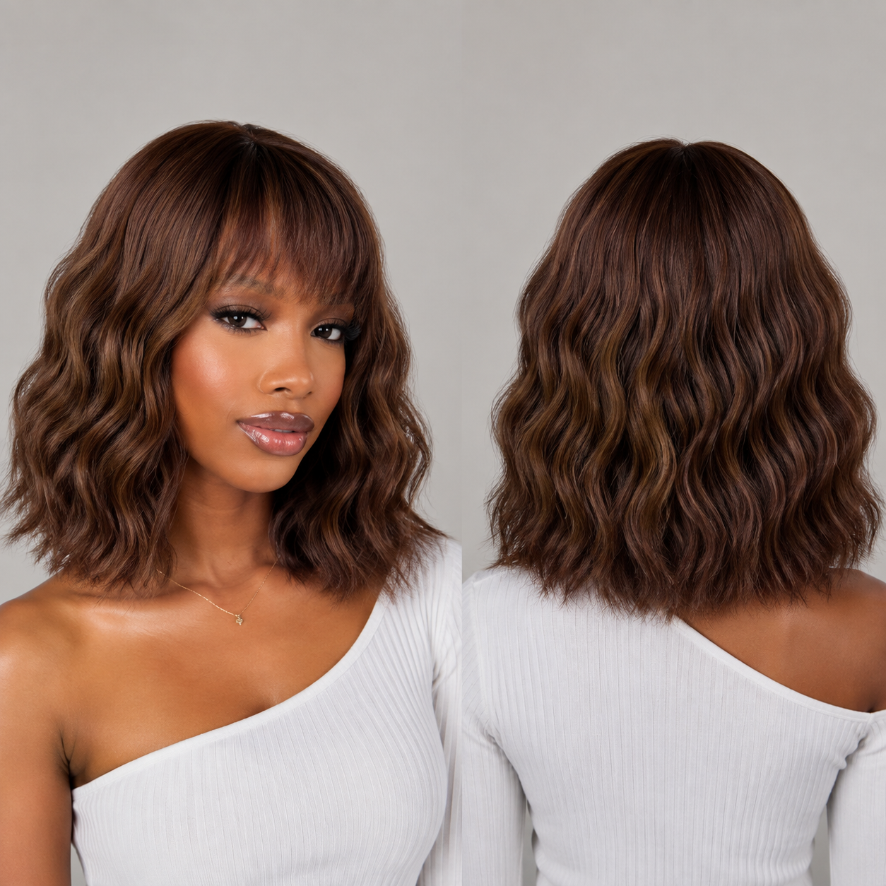 Zlike Ginger Brown Loose Deep Wave Bob Wig With Bangs 4x4 Lace Closure Human Hair Wig