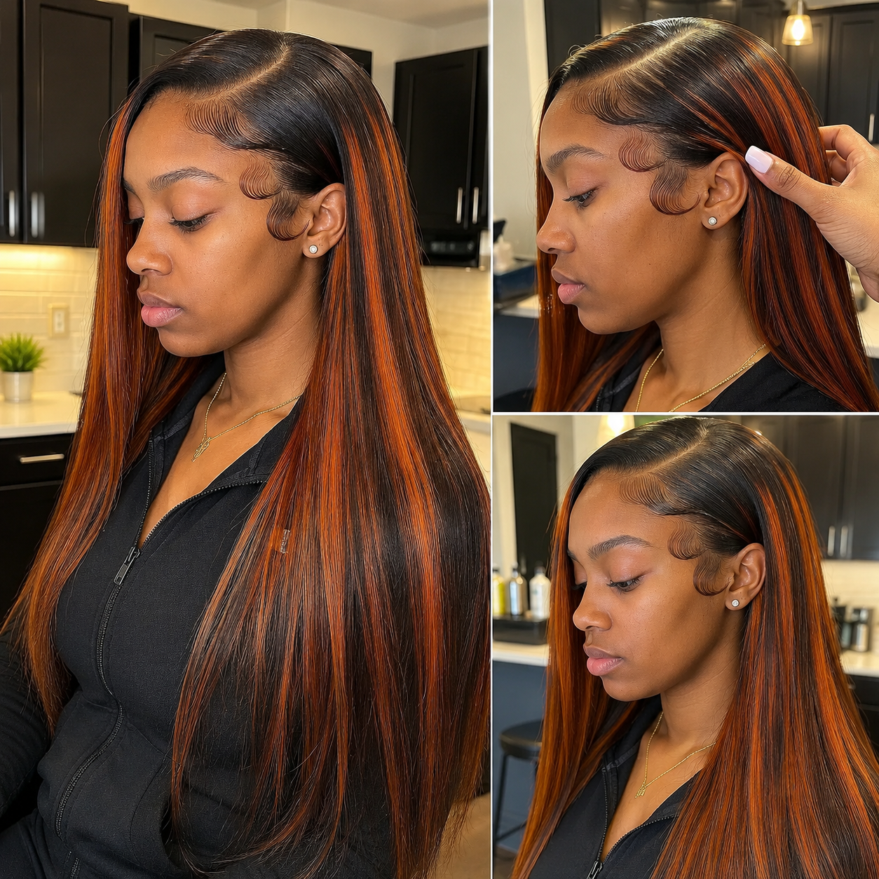 Zlike Pull Go 13x4 Lace Straight Auburn Ginger Highlight Glueless Wig with Drawstring Human Hair