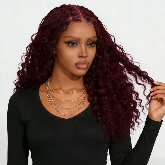 Zlike Black Cherry Boho Braided Water Wave Pre-Cut Lace with Drawstring Wig , 13x6 Lace Front Glueless Human Hair Wig