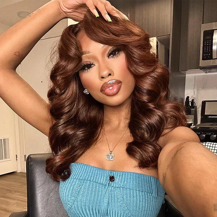 Zlike 300% Density Loose Body Wave Curtain Bangs Layered Cut Brown Colored Glueless Lace front Wig