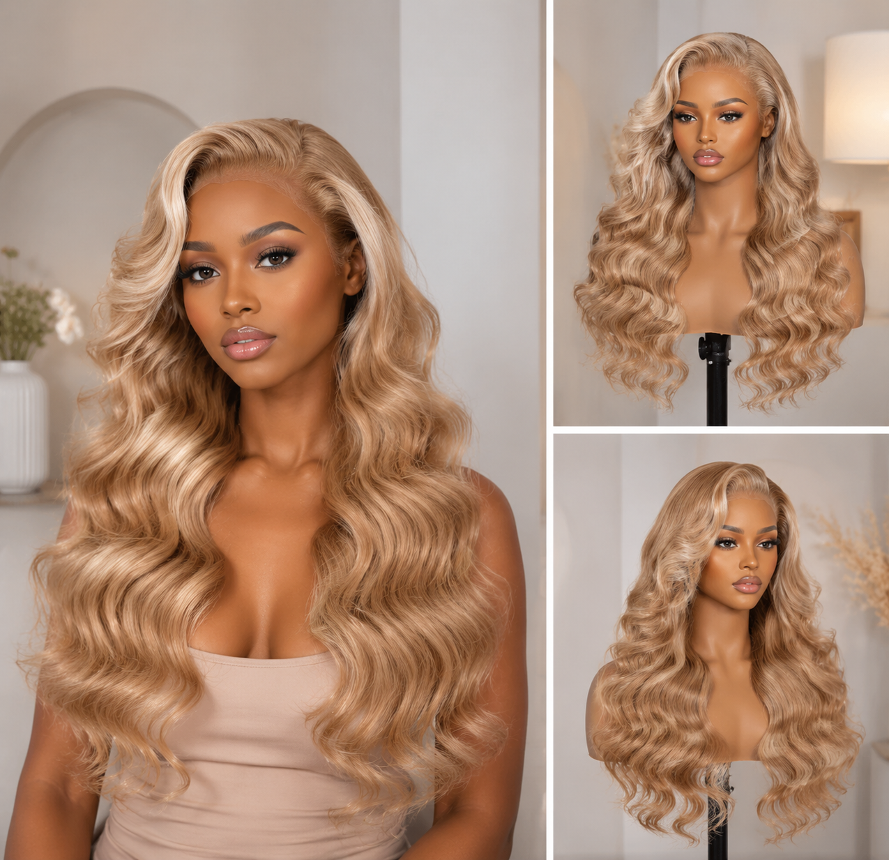 Zlike Milk Tea Brown Highlight Body Wave Wig 7x5 Lace Frontal Glueless Human Hair Wig With Drawstring