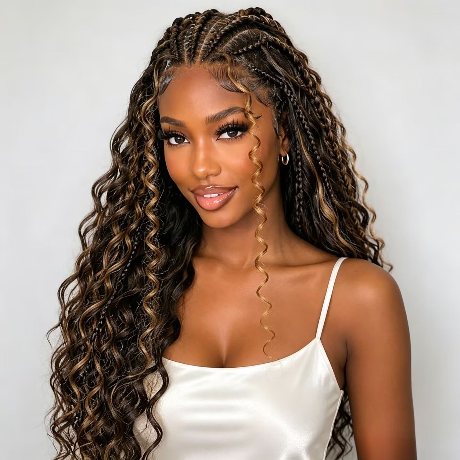 Zlike 13x6 Lace Front Braided Wig Cornrow Curly Boho Braids Wig with Face Framing Layers Pre-Plucked Glueless Lace Frontal Wig with Baby Hair