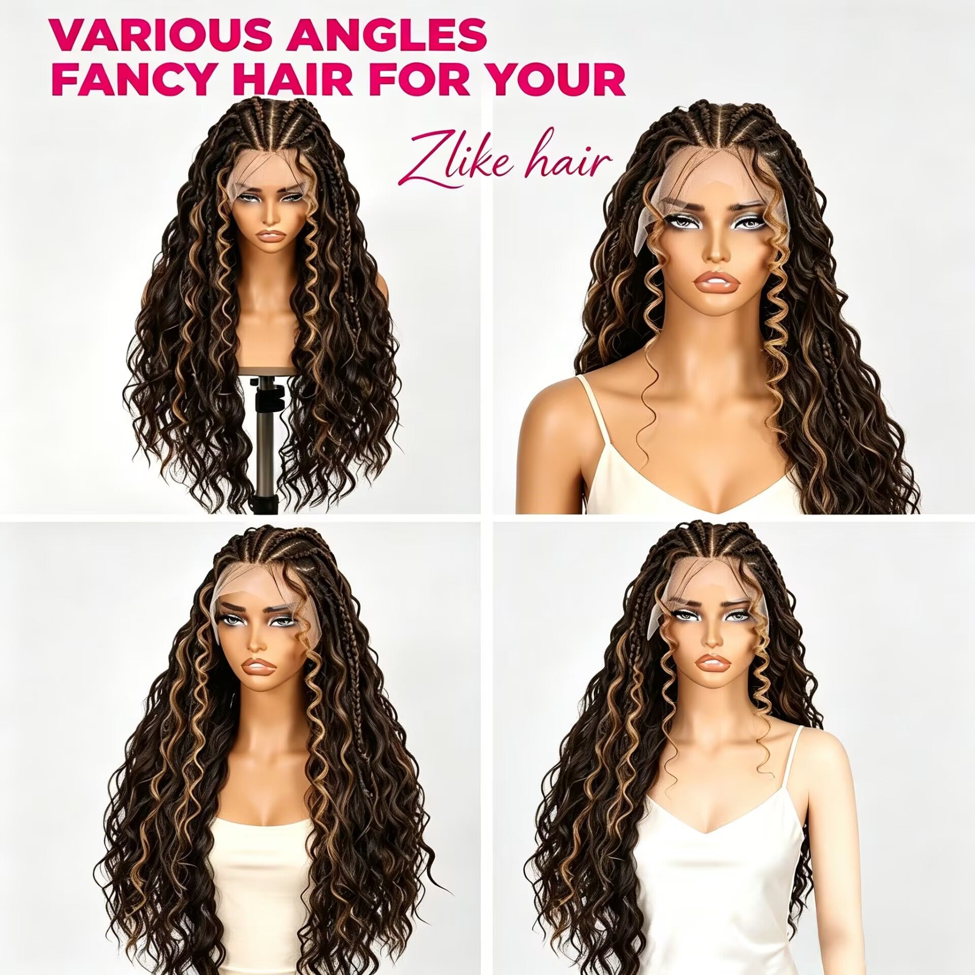 Zlike 13x6 Lace Front Braided Wig Cornrow Curly Boho Braids Wig with Face Framing Layers Pre-Plucked Glueless Lace Frontal Wig with Baby Hair