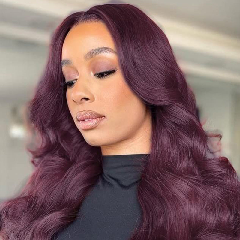 Dark Purple Plum Colored 13x4 Lace Front Wig Body Wave Human Hair Wigs With Baby Hair