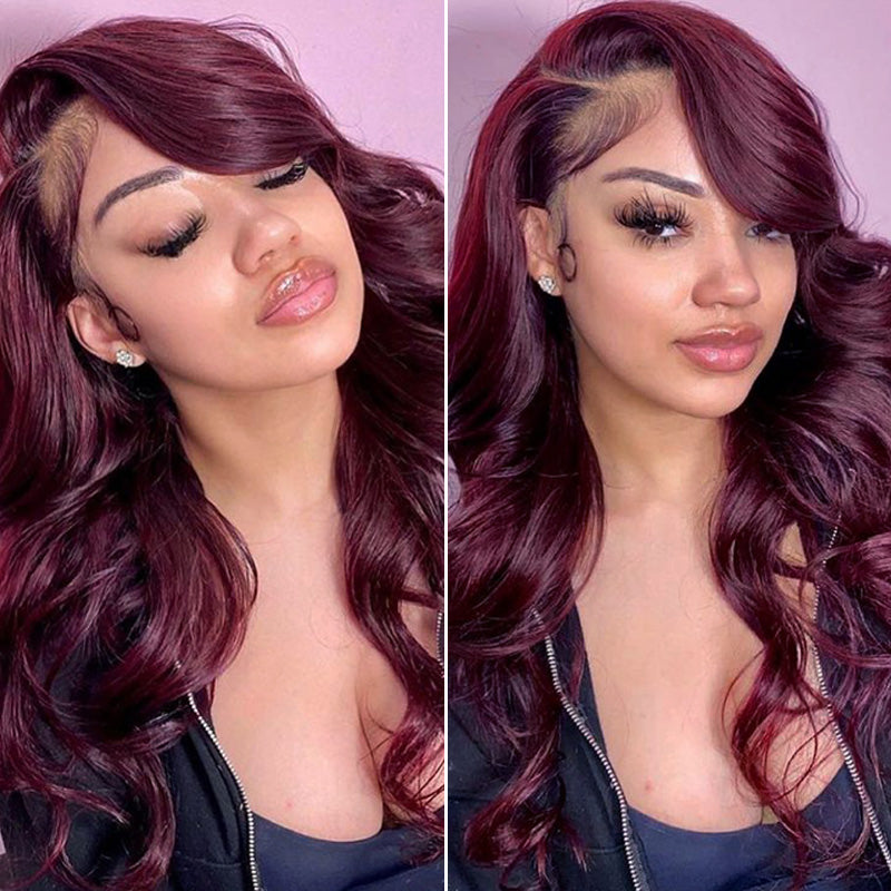 Dark Purple Plum Colored 13x4 Lace Front Wig Body Wave Human Hair Wigs With Baby Hair