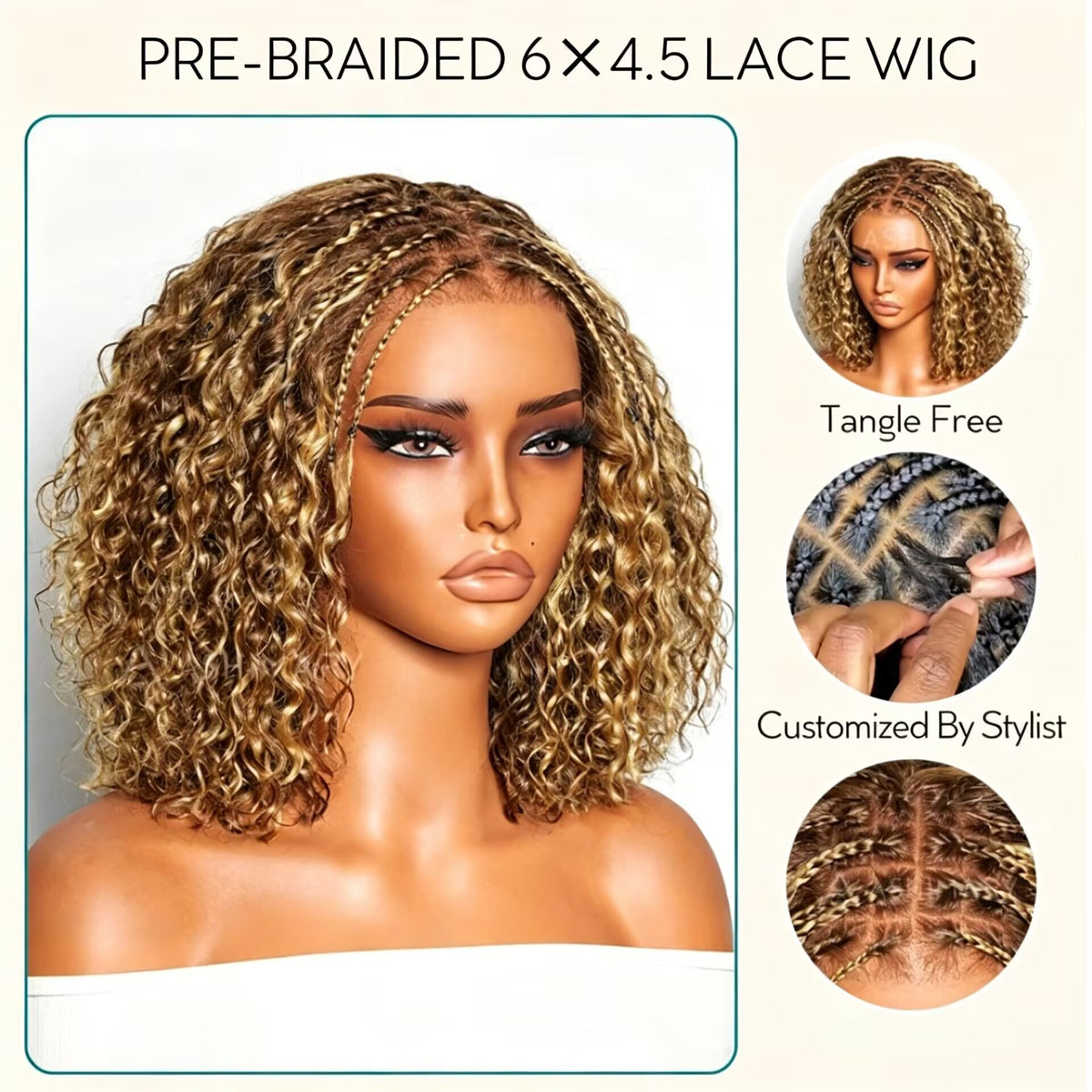 Zlike Boho Braids Blonde Highlight Water Wave Human Hair Wig 7x5 Lace Glueless Pre-Styled Wig