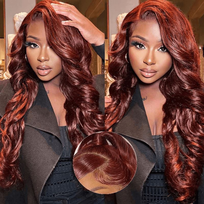 #33 Reddish Brown Glueless Invisi-Band Human Hair Wigs Body Wave Pre Cut 360 Lace Frontal Wig