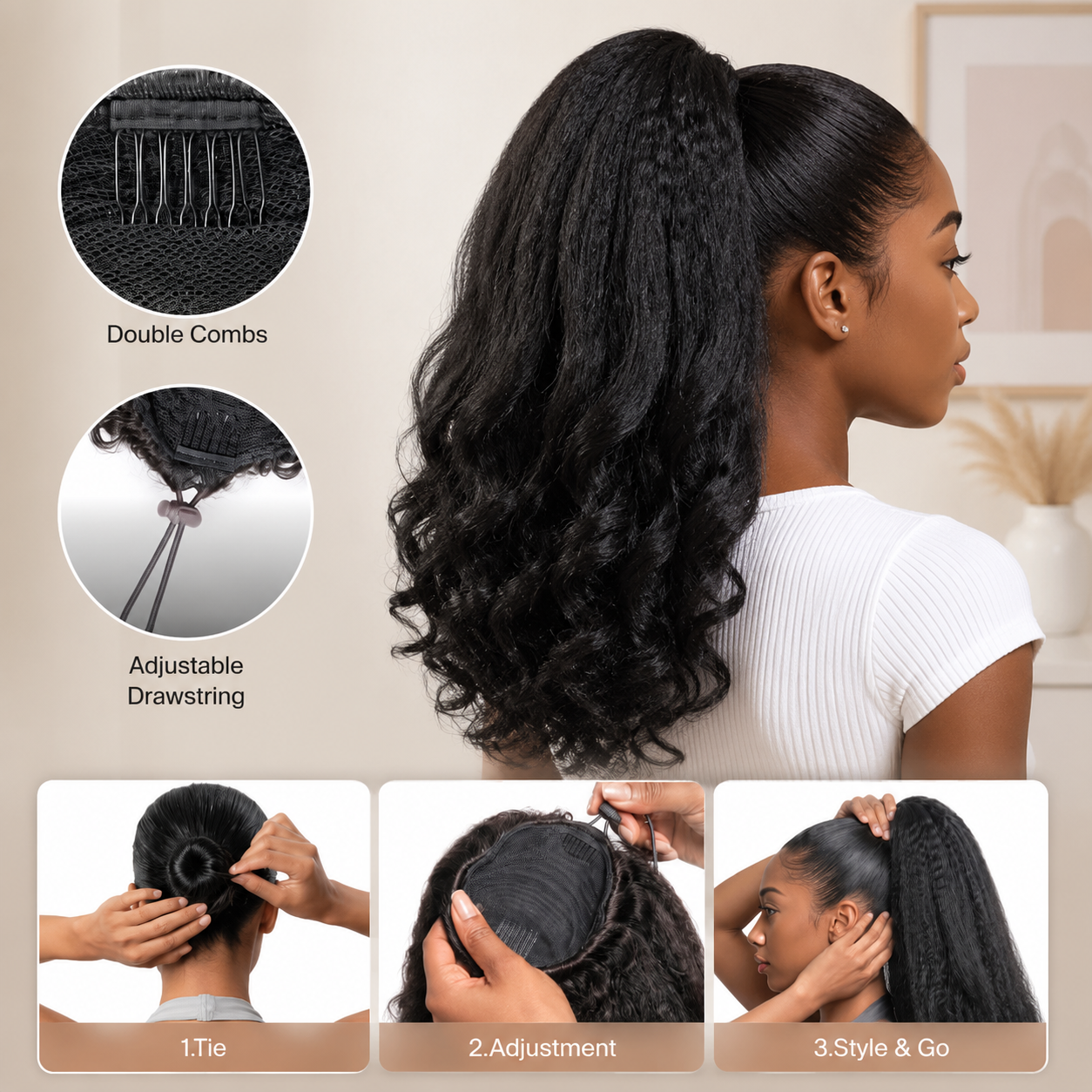 Zlike Burmese Curly Finger Coil Ponytail 100% Human Hair Extension with Invisible Drawstring Band