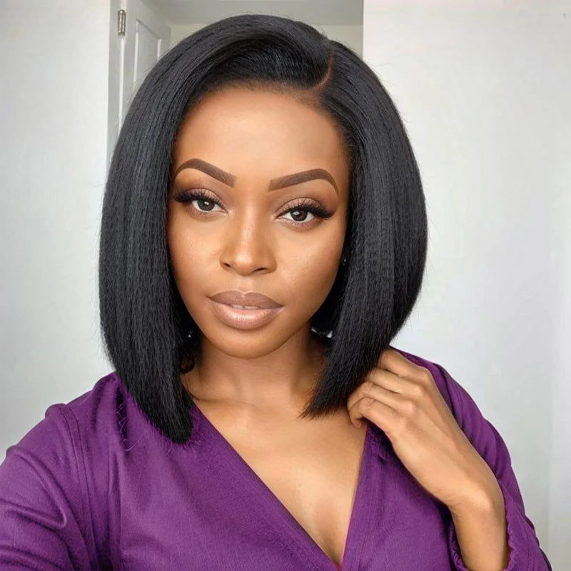 Zlike Yaki Straight Bob Pre Cut Lace Closure Wigs Human Hair Put On and Go Glueless wigs