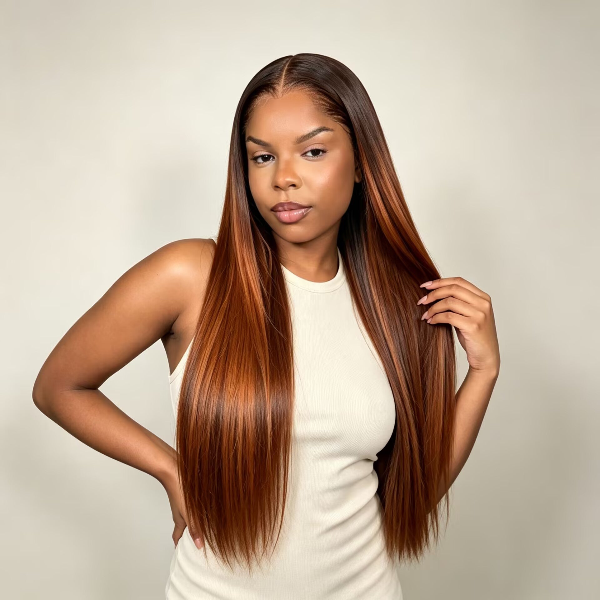 Zlike Dark Brown Root Copper Orange Highlight Human Hair Wig 13x6 Lace Front Wig