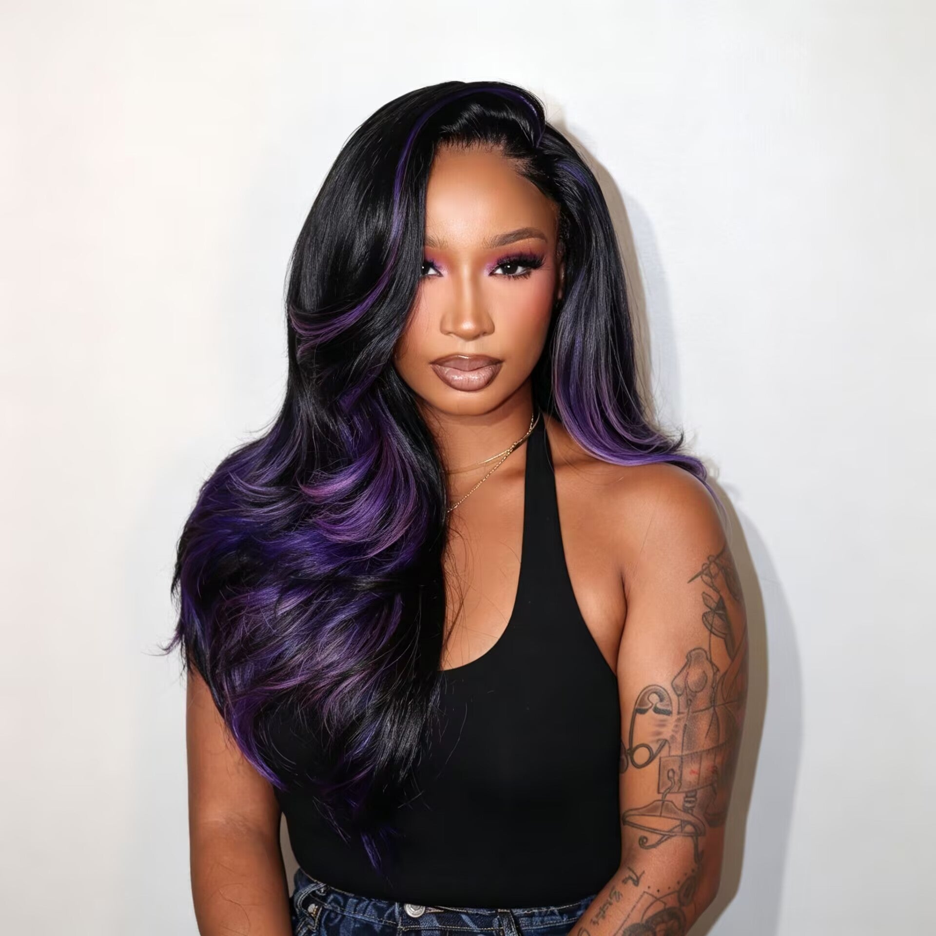 Zlike sapphire black purple Highlight Peacock Curls7x5 Glueless Pull & Go Pre-Styled with Heavy Layers