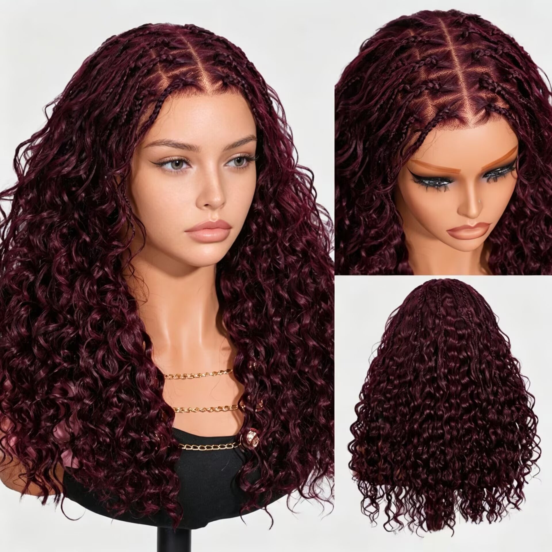 Zlike Black Cherry Boho Braided Water Wave Pre-Cut Lace with Drawstring Wig , 13x6 Lace Front Glueless Human Hair Wig
