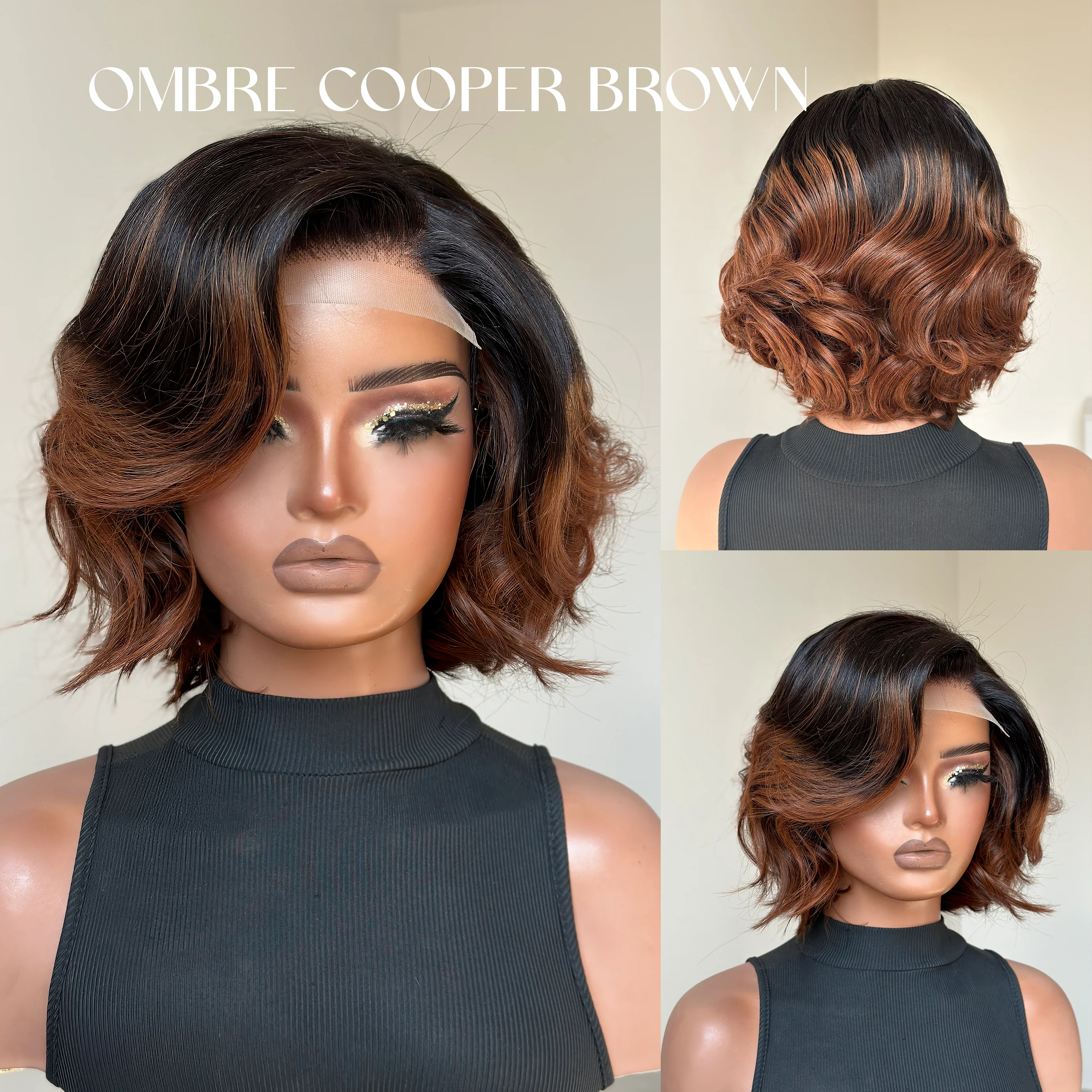 Layered lace closure bob wig with adjustable straps and natural body wave hair