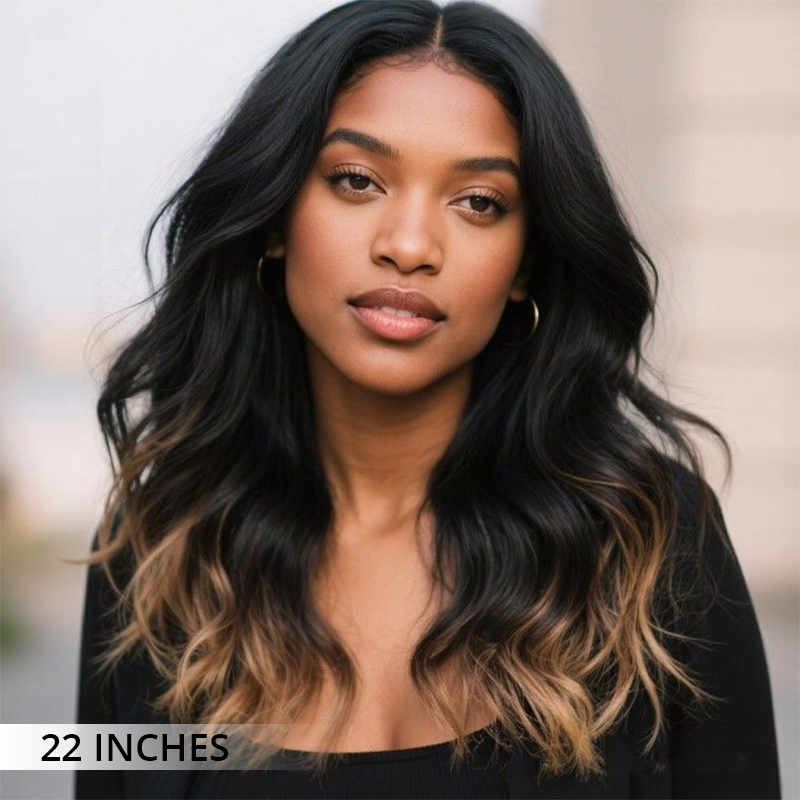 Honey blonde ombre lace wig worn with natural hairline and effortless beach wave style