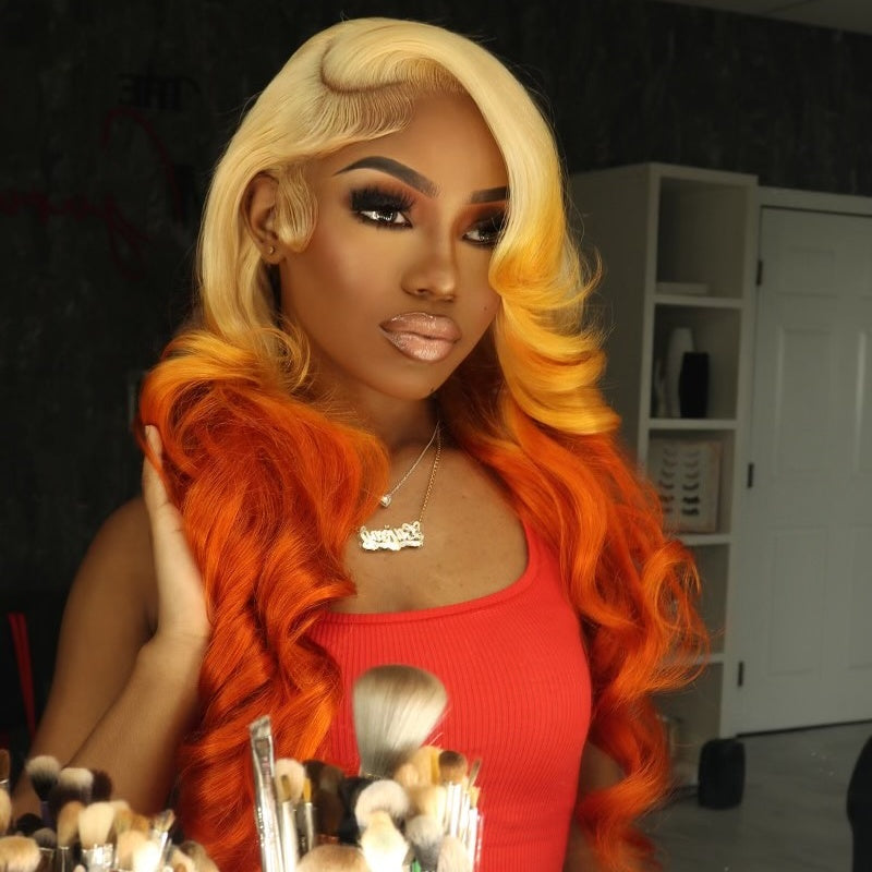 Pre Plucked 13x4 Body Wave And Straight Transparent Lace Front Wig 613 Blonde Ombre Highlight Ginger Orange Human Hair Wigs