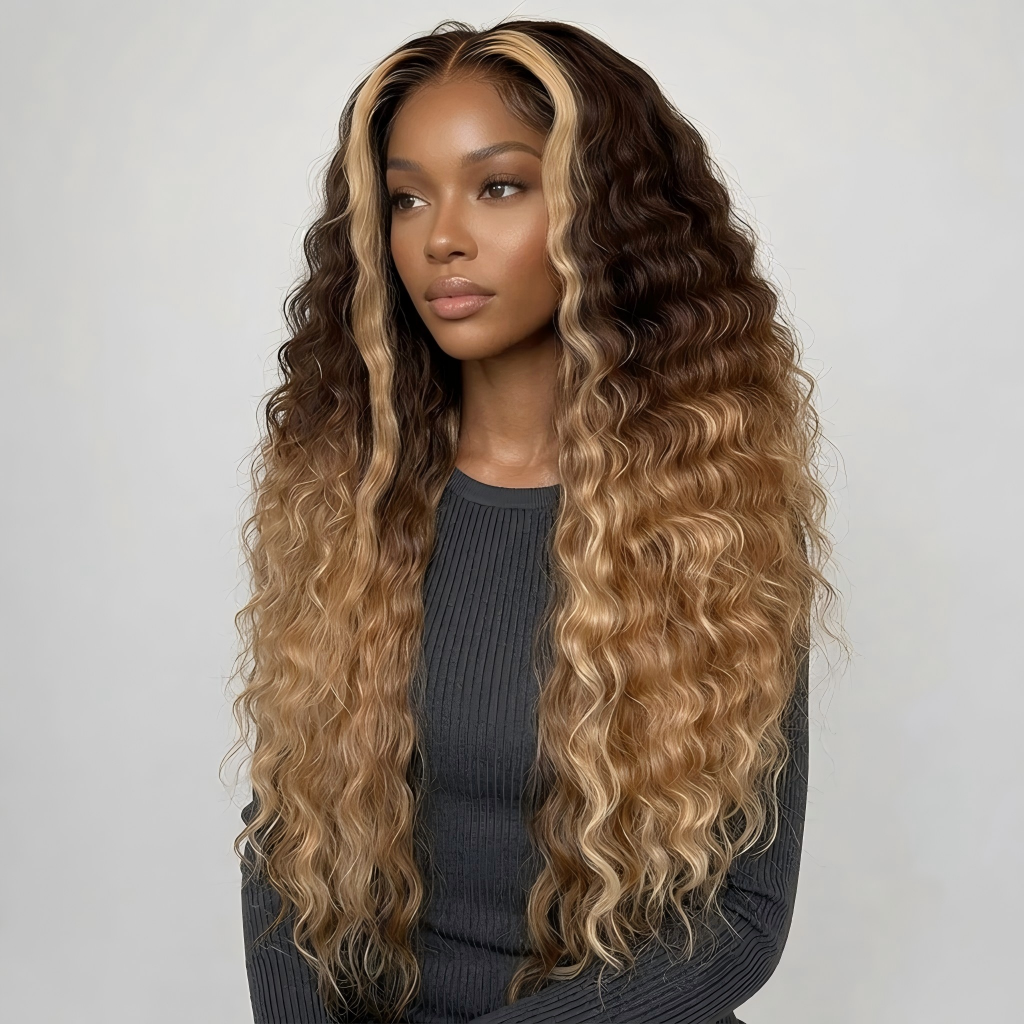Long ombre loose deep human hair wig with soft defined waves