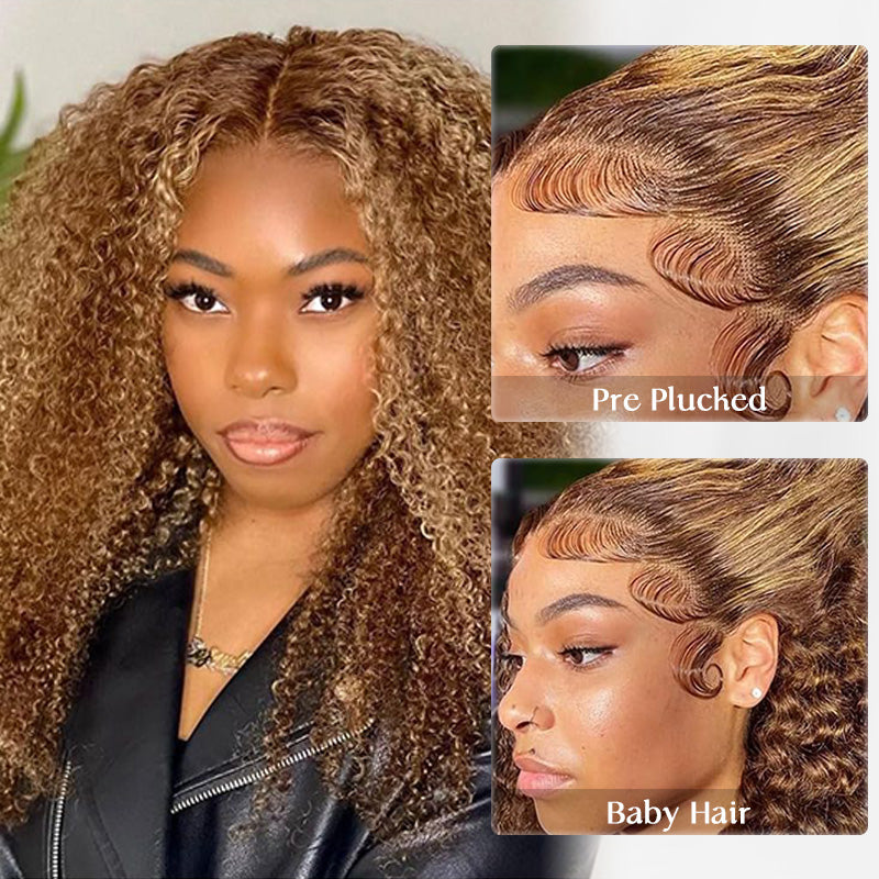 Honey Blonde Highlight 13x6 Lace Front Wigs Ombre Color Kinky Curly Human Hair Wigs