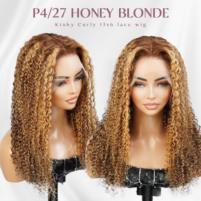 Honey Blonde Highlight 13x6 Lace Front Wigs Ombre Color Kinky Curly Human Hair Wigs
