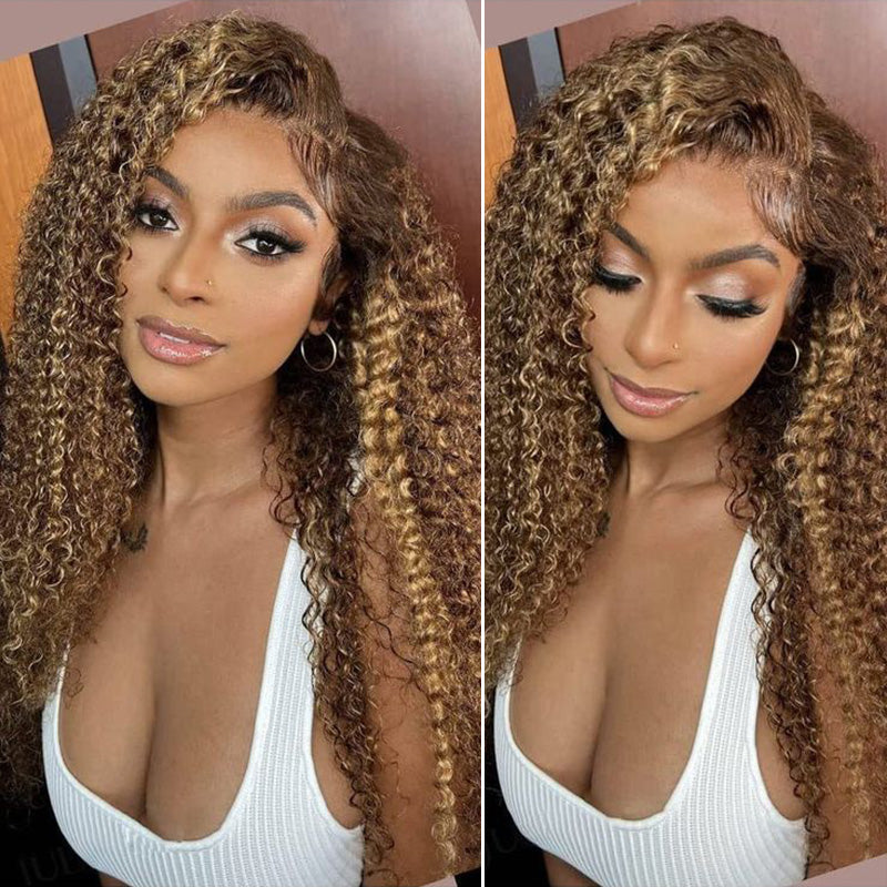 Honey Blonde Highlight 13x6 Lace Front Wigs Ombre Color Kinky Curly Human Hair Wigs