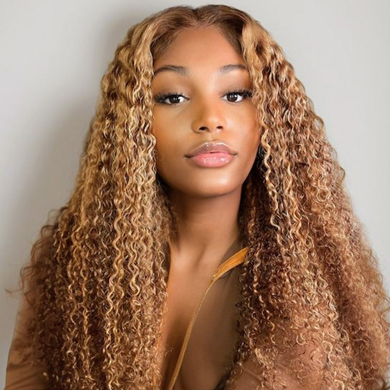 Honey Blonde Highlight 13x6 Lace Front Wigs Ombre Color Kinky Curly Human Hair Wigs