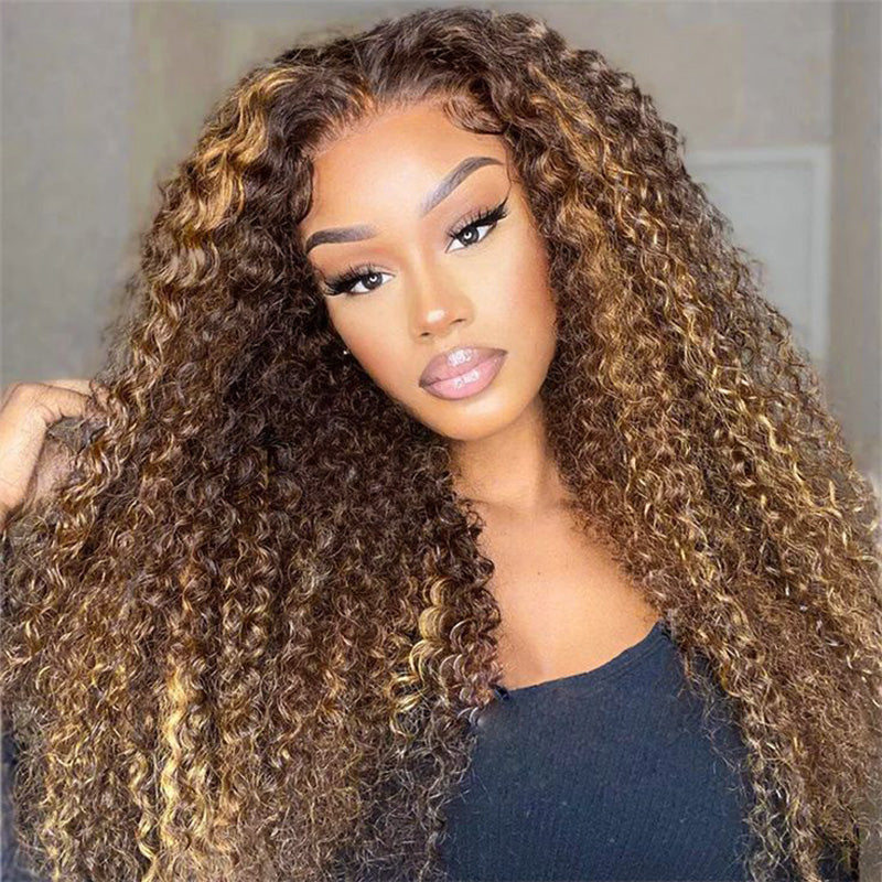Honey Blonde Highlight 13x6 Lace Front Wigs Ombre Color Kinky Curly Human Hair Wigs