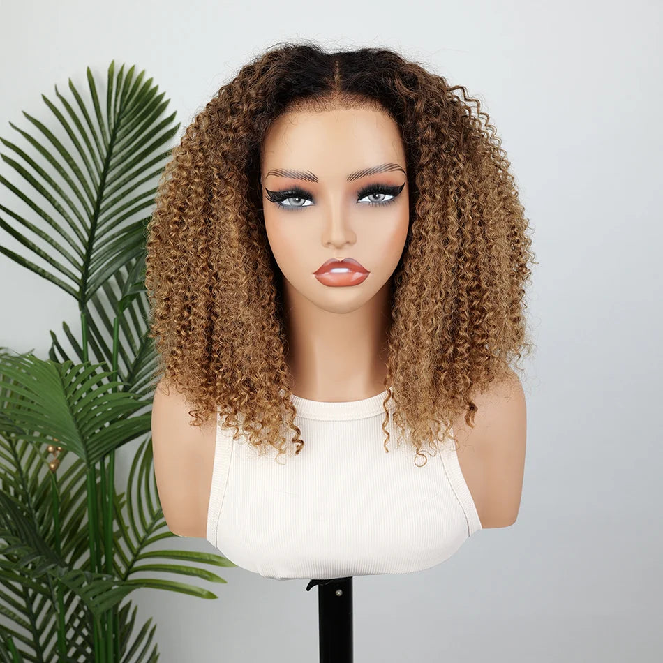 Zlike Ombre Brown & Blonde Short Kinky Curly Bob Wig Glueless Human Hair Wig