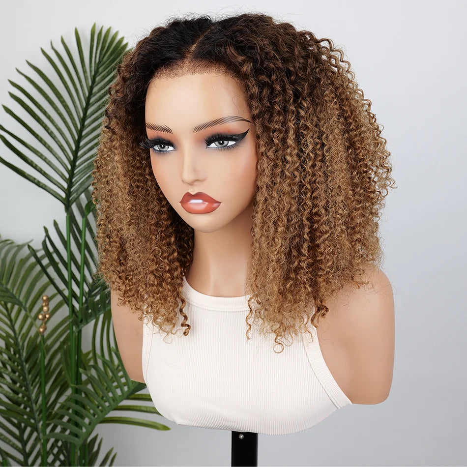 Zlike Ombre Brown & Blonde Short Kinky Curly Bob Wig Glueless Human Hair Wig