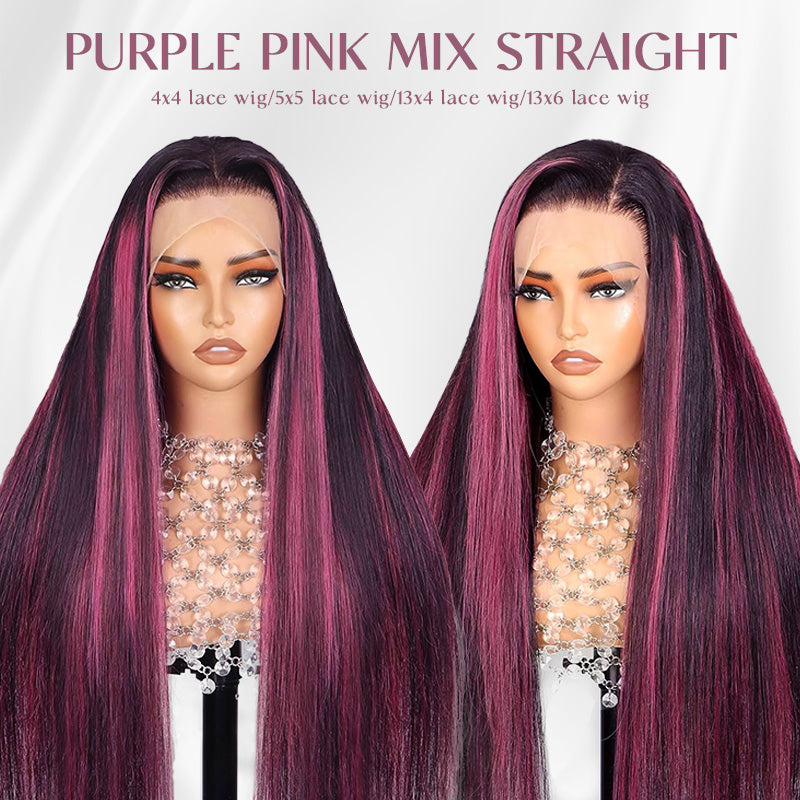 Purple Pink Highlight Mix Colored Lace Front Closure 100% Virgin Human Hair Wigs