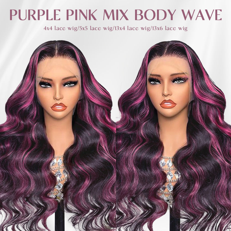 Purple Pink Highlight Mix Colored Lace Front Closure 100% Virgin Human Hair Wigs