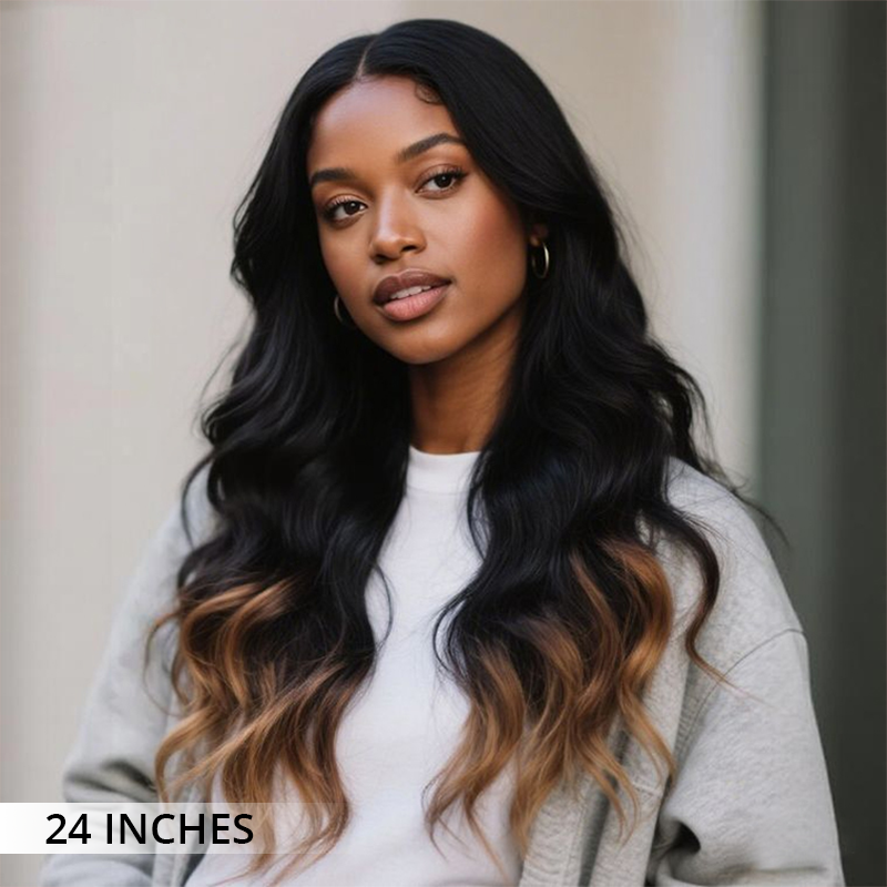 Honey blonde ombre wave wig featuring soft beach waves and natural looking human hair