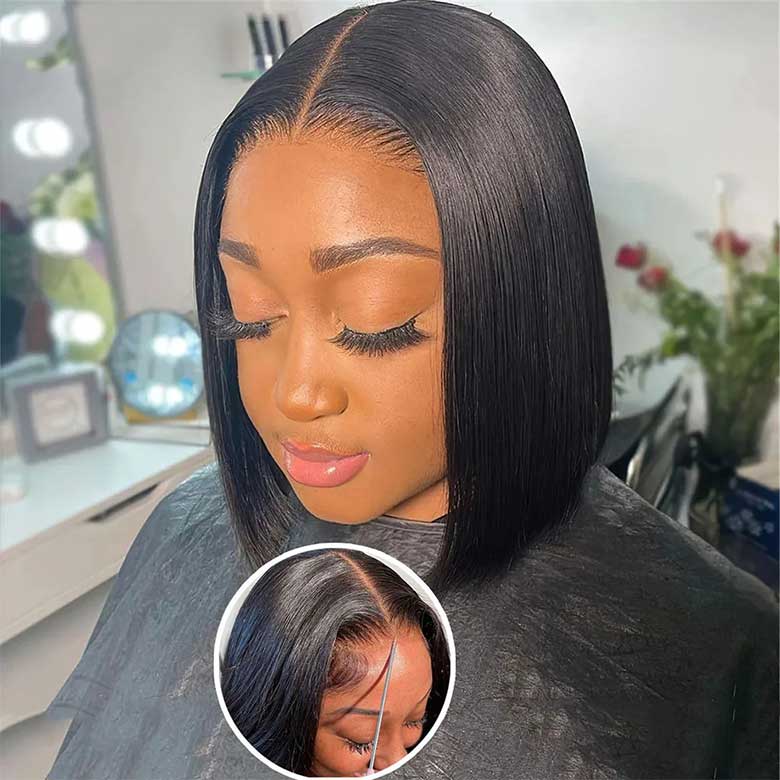 Short Straight Bob Glueless Lace Closure Transparent Lace Bob Wig 180% Density