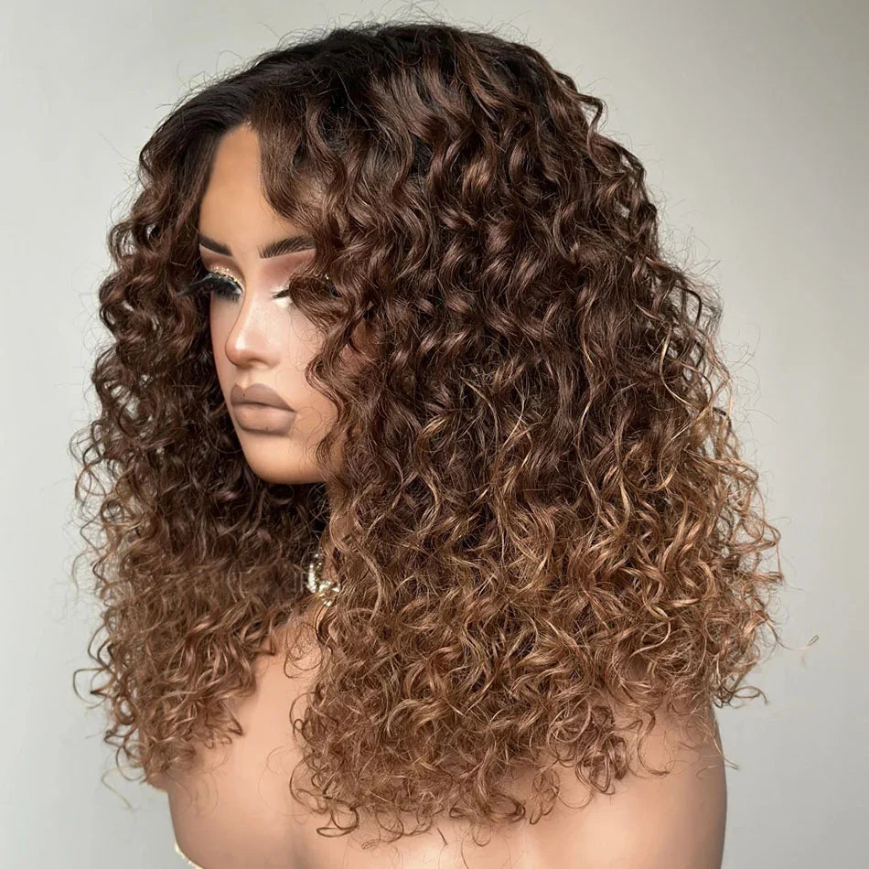 Zlike 250% Density Exotic Pixie Curly T1B/4/30# Ombre Brown Colored Glueless Lace Wig Ready To Wear