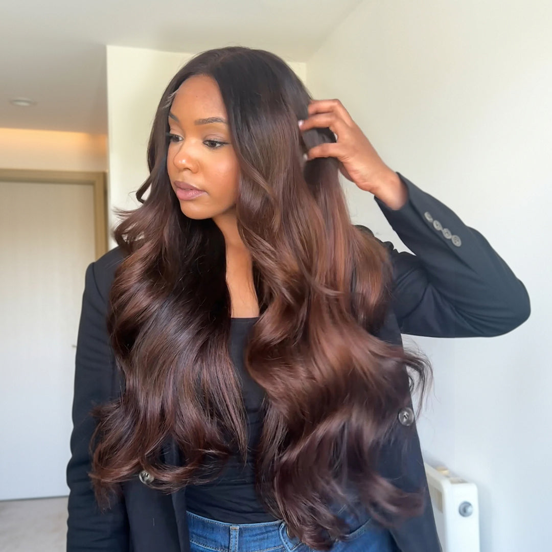 Wear and go layered human hair wig with chestnut brown ombre color