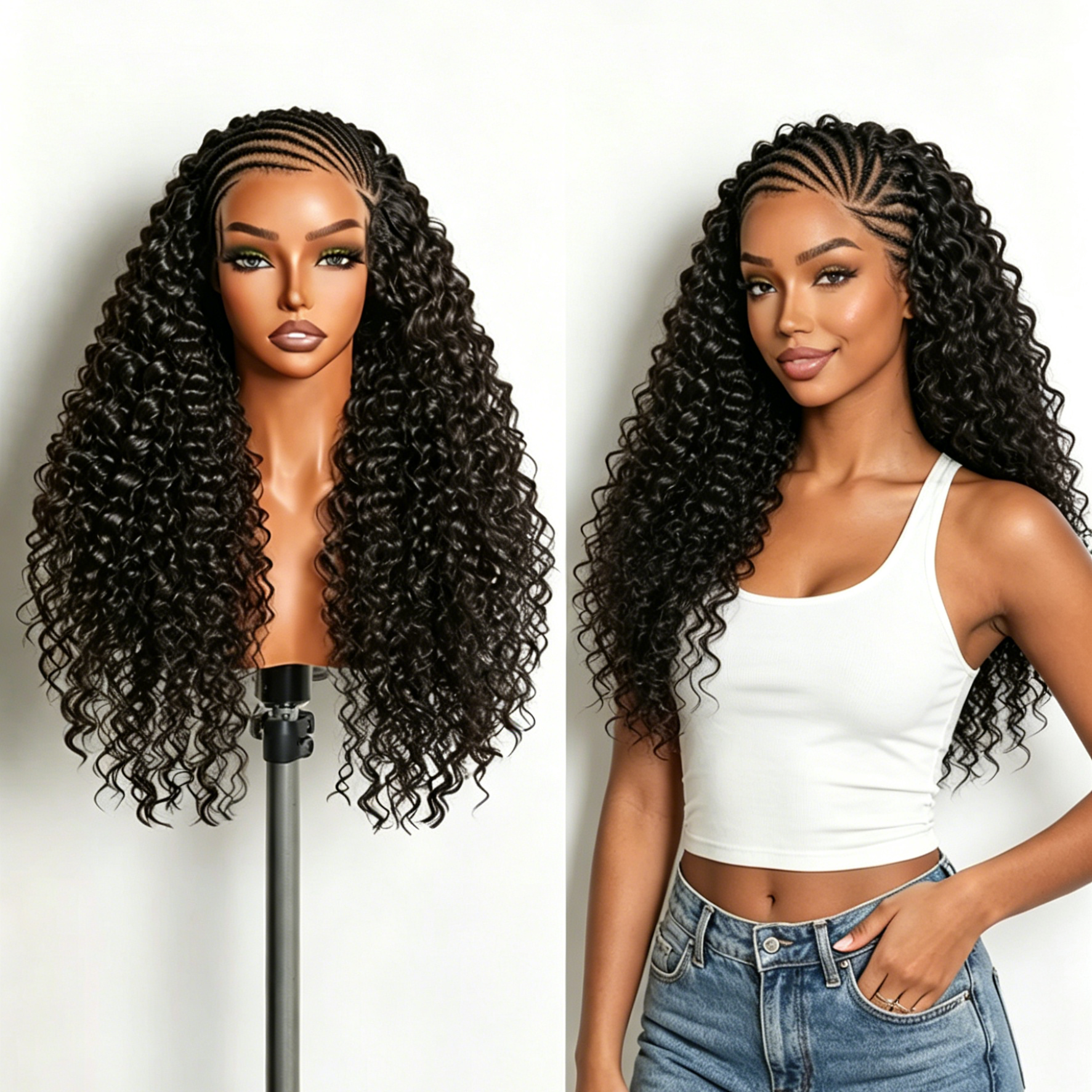 Zlike pre-braided Fulani braids wig with deep wave human hair