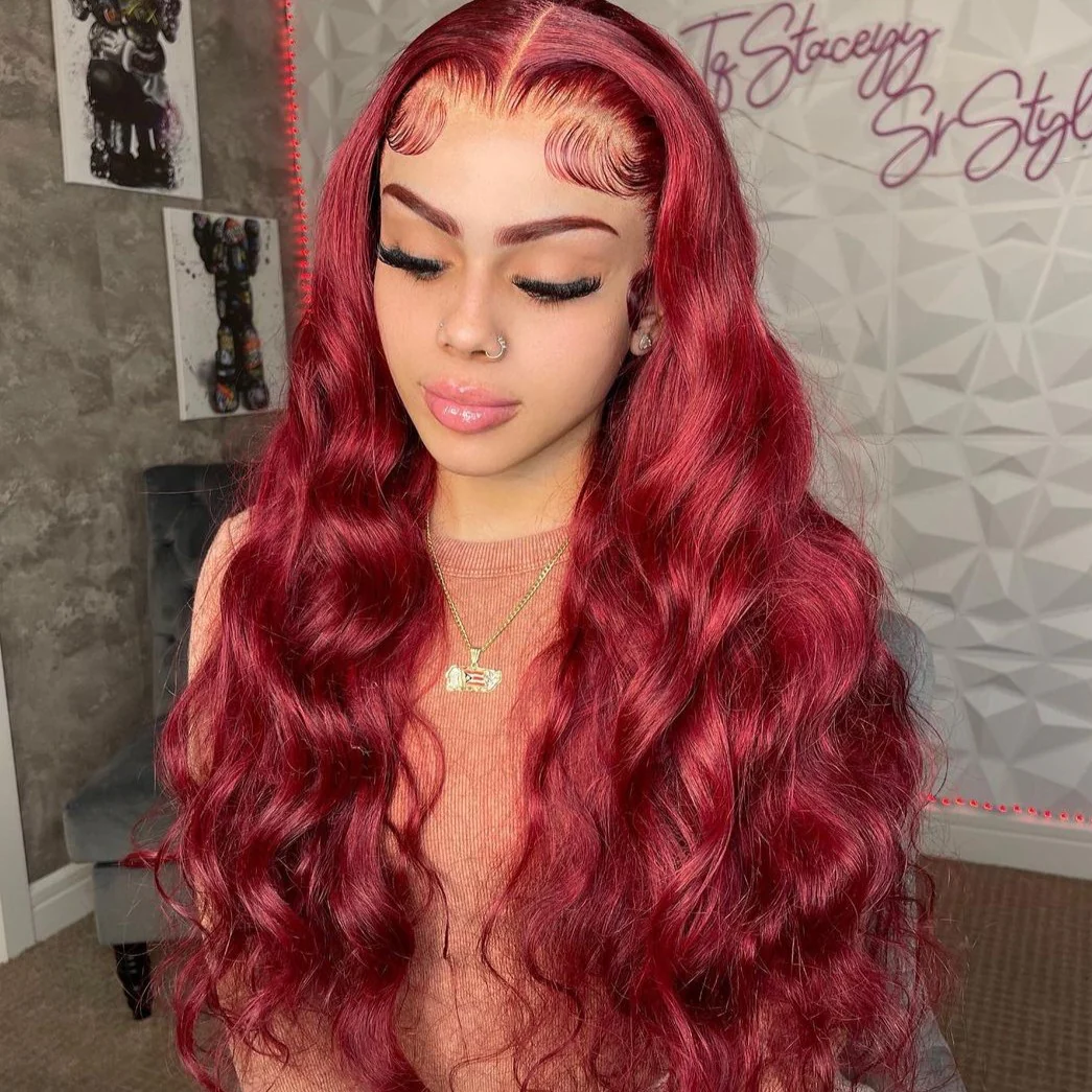 Clearance Sale | Burgundy Red Colored Body Wave 100% Human Hair Transparent Lace Front Wigs