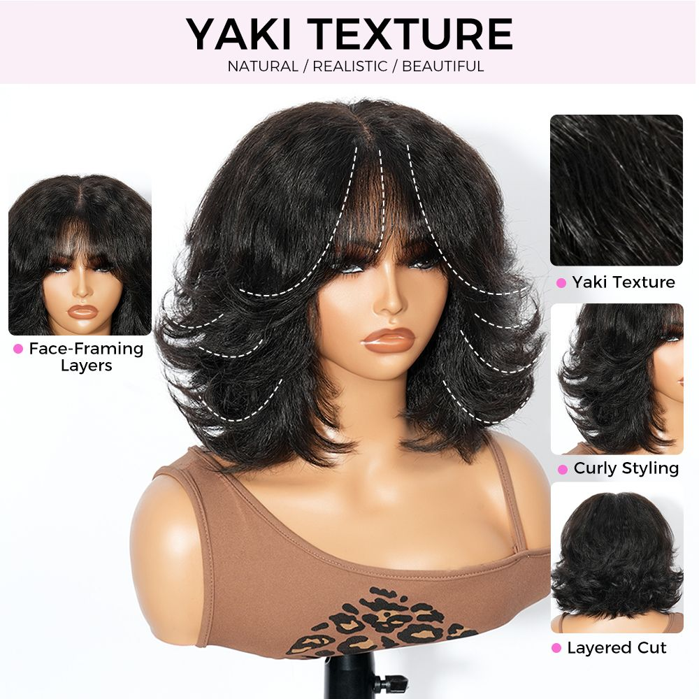 Zlike Wolf Cut Yaki Bob Wig with Wispy Bangs 100% Human Hair Lace Front Wig
