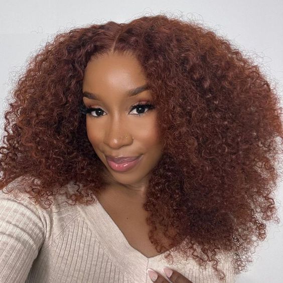 #33 Reddish Brown Kinky Curly Lace Closure Wig High Density Human Hair Wigs With Baby Hair