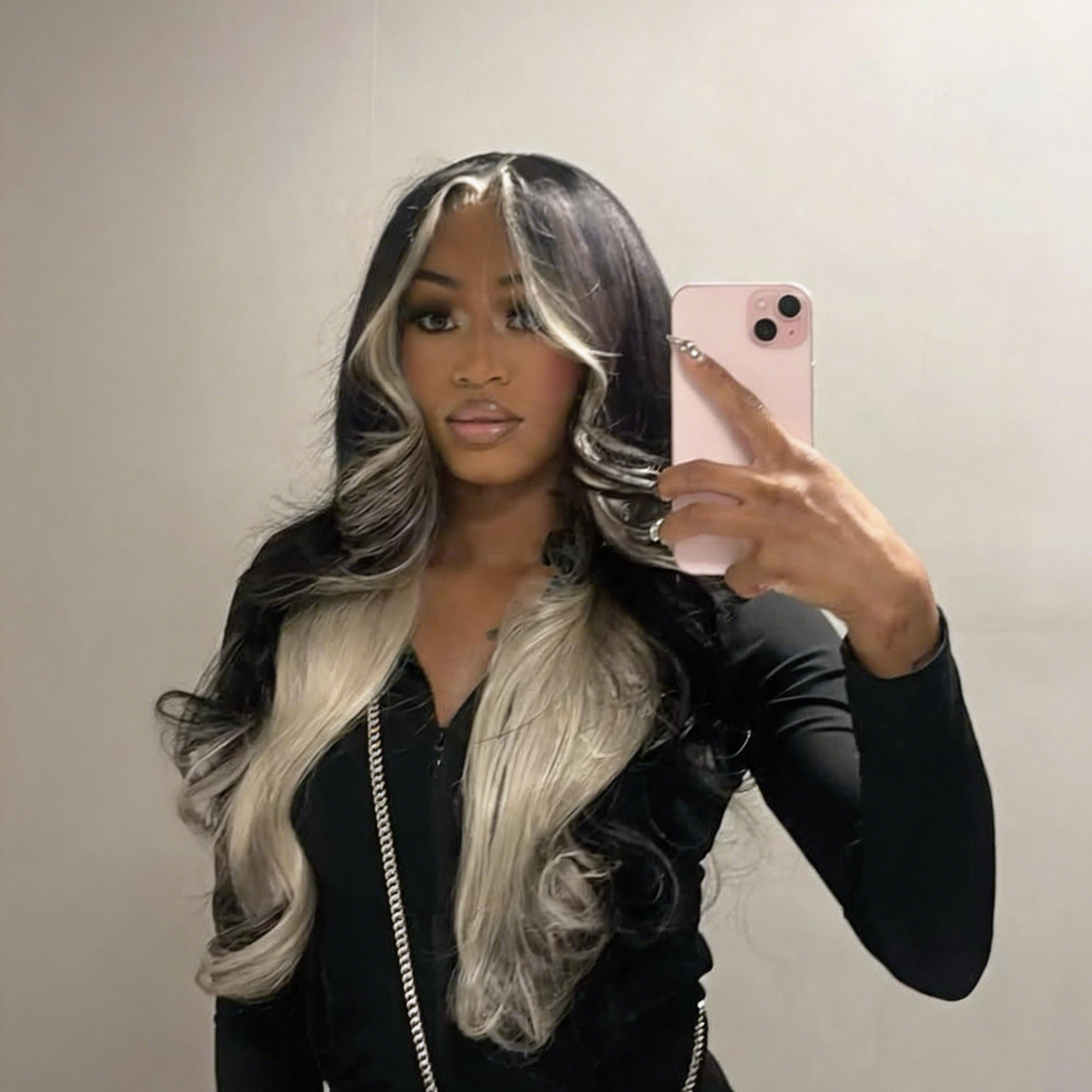 Zlike Skunk Stripe Layered Cut Body Wave Human Hair Glueless Wigs Pre-Cut Lace Drawstring Wigs 7x5 Transparent Lace
