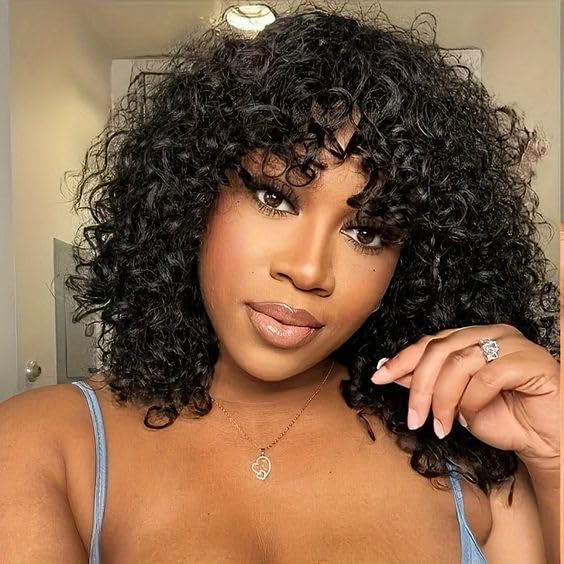 Bouncy curly bob wig with bangs made from human hair