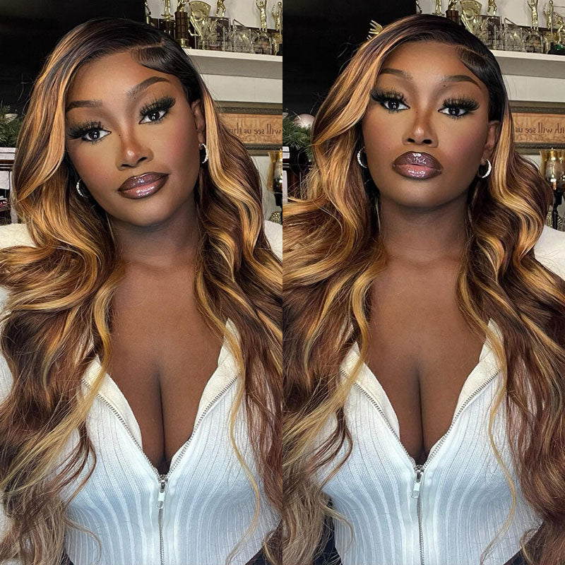 Code: ZL100F | Body Wave Black Roots 4/27 Ombre Highlight Transparent Lace Front Human Hair Wigs-Zlike