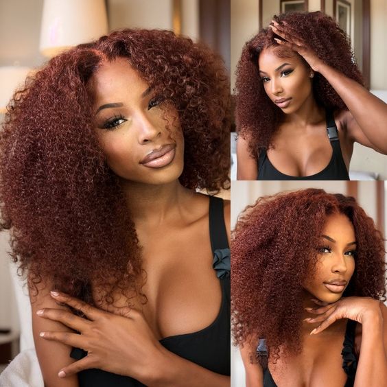 #33 Reddish Brown Kinky Curly Lace Closure Wig High Density Human Hair Wigs With Baby Hair