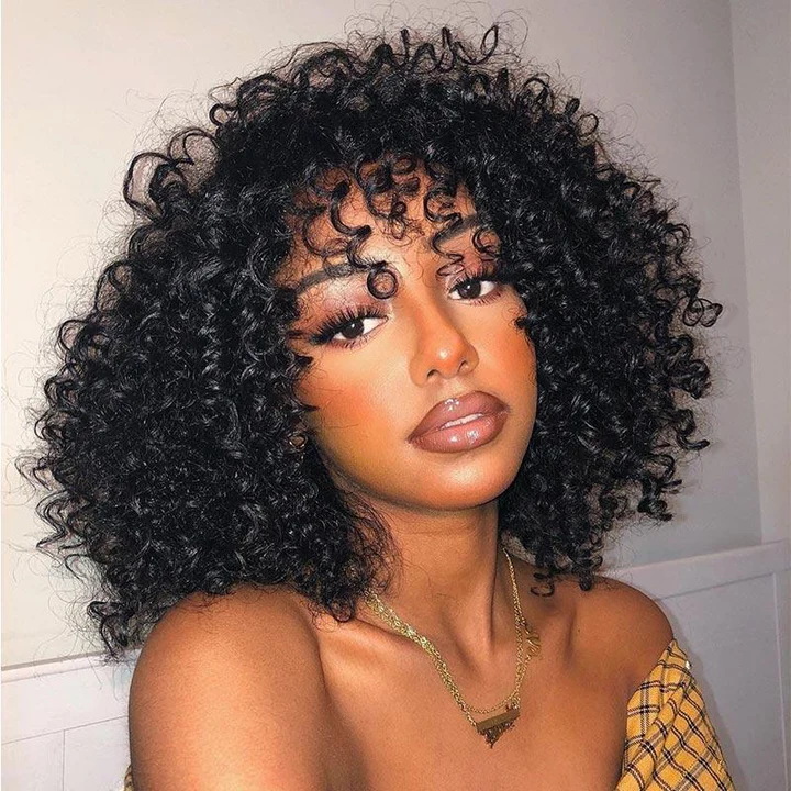 Zlike Breathable Cap Ready To Go Bouncy Jerry Curl Glueless No Lace Curly Wig With Bangs