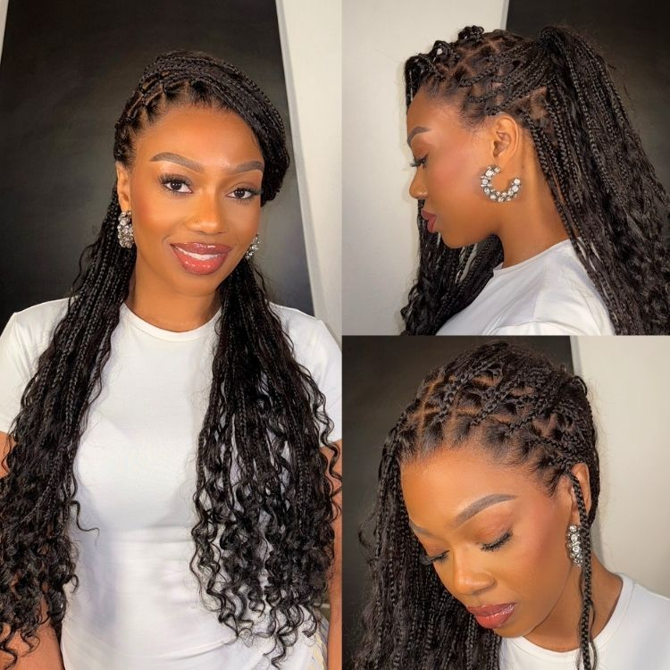 Zlike Water Wave Boho Braids Glueless Pre-Cut Lace Front Long Wigs Human Hair Wigs With Braided Top