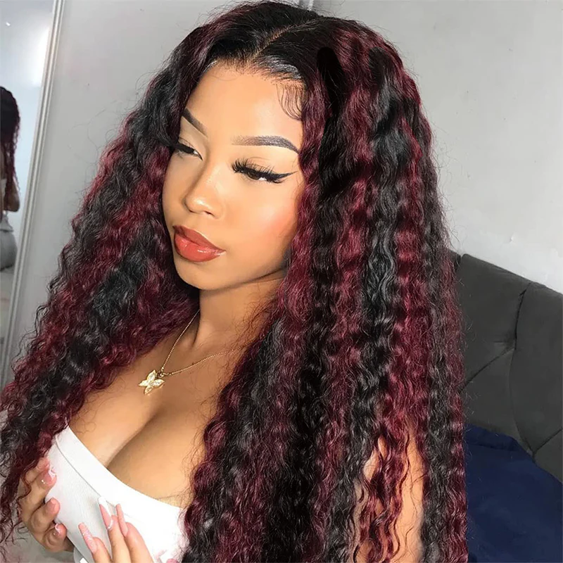 Clearance Sale | 99J Burgundy Kinky Curly Wigs Transparent Lace Front Virgin Human Hair Wigs