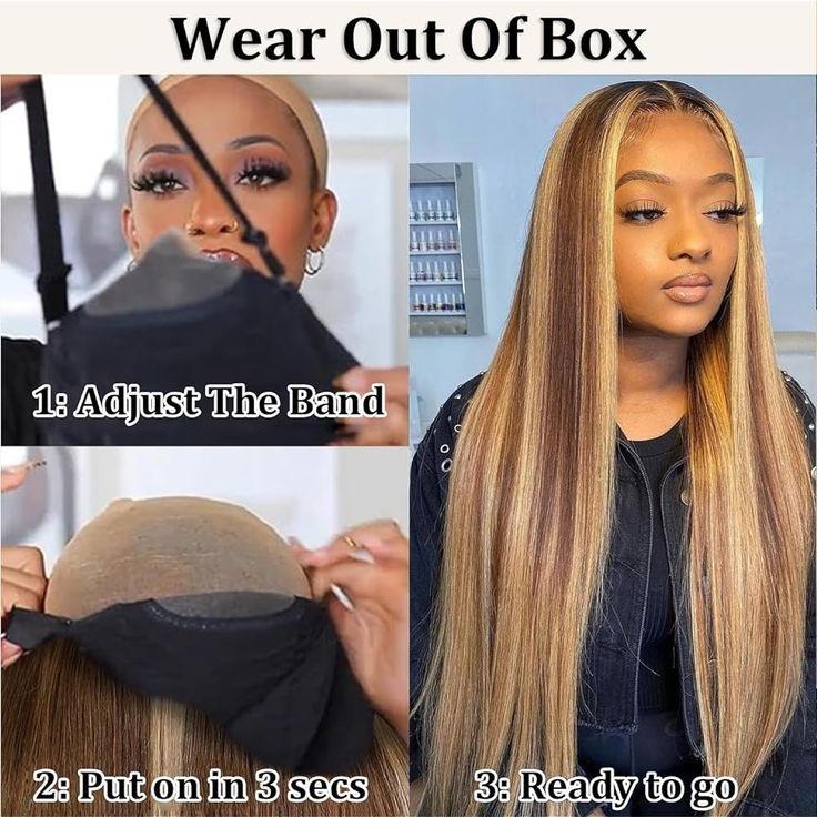#4/27 Honey Blonde Highlights Straight Transparent Lace Closure Wig Glueless Human Hair Wigs