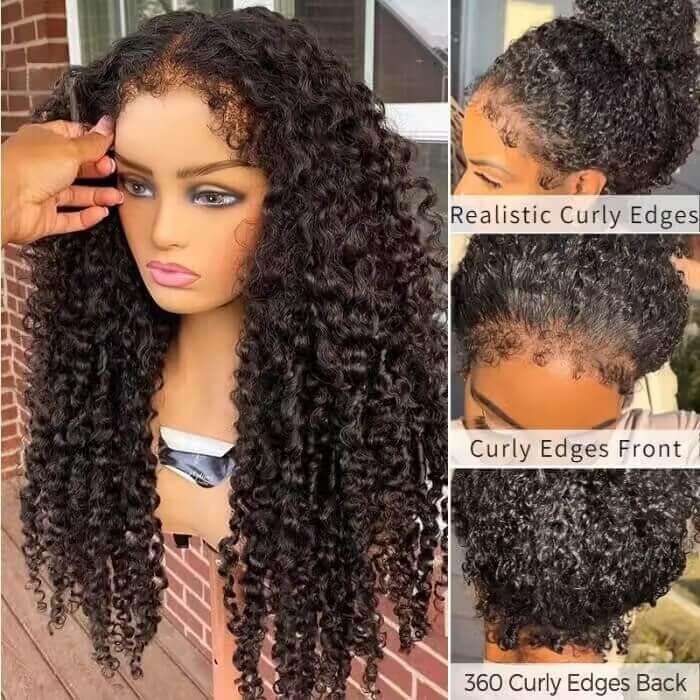 Zlike 4C Curly Edge 300% Density Human Hair Wigs Water Wave Pre Cut Glueless Invisi-Band 360 Lace Frontal Wigs