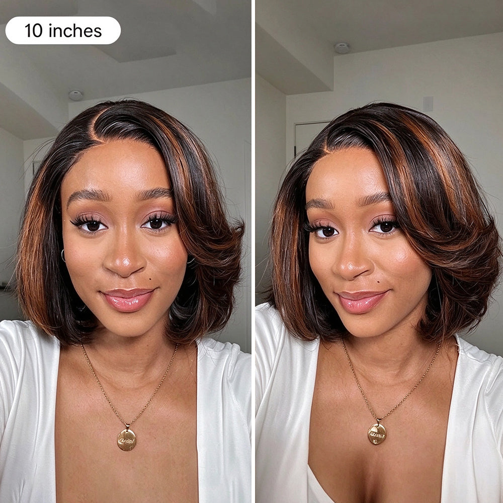 Zlike Brown Mix Blonde Highlight Layered Bob Wigs 5x5 Closure Glueless Human Hair Wigs Natural Hairline
