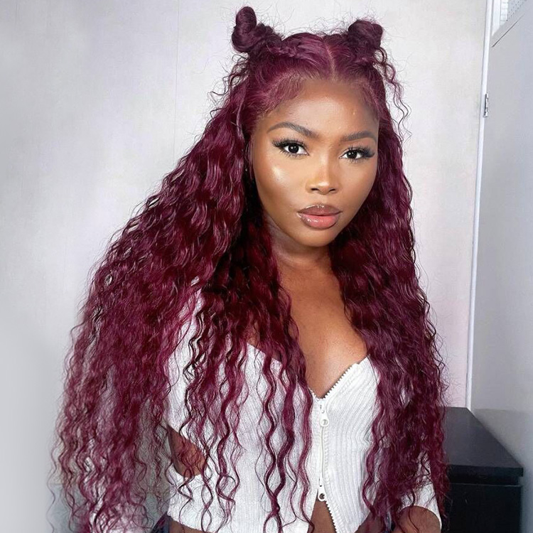 Clearance Sale | 99J Burgundy Red Colored Water Wave 100% Human Hair Transparent Lace Front Wigs